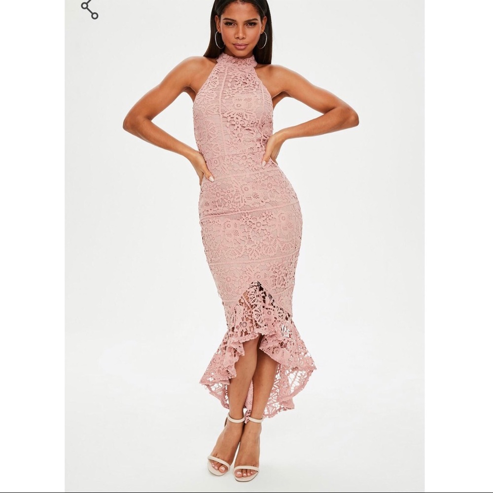 MISSGUIDED Lace high neck fishtail midi dress